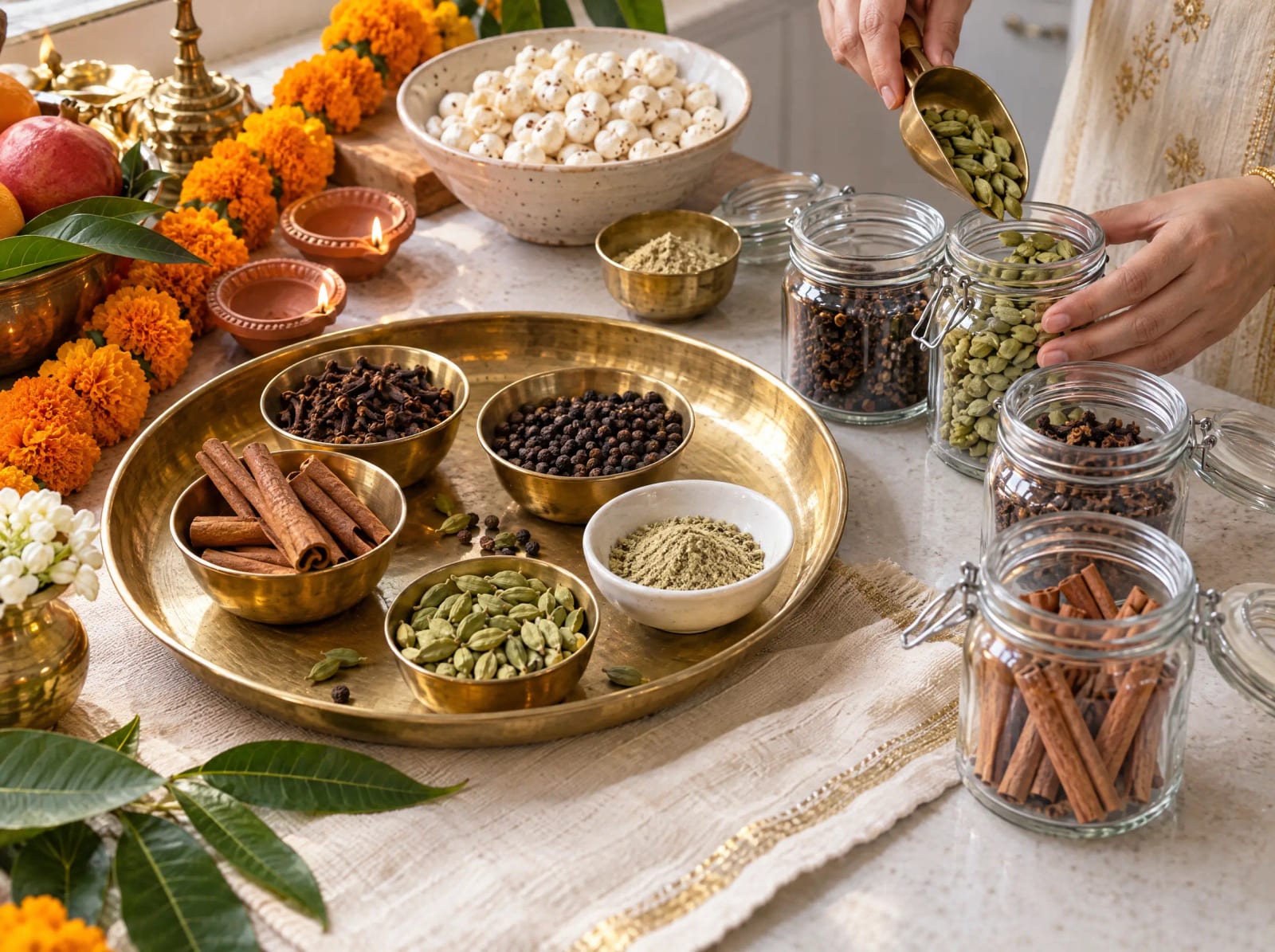 Brass thali of whole spices and jars being filled for Navratri and Diwali