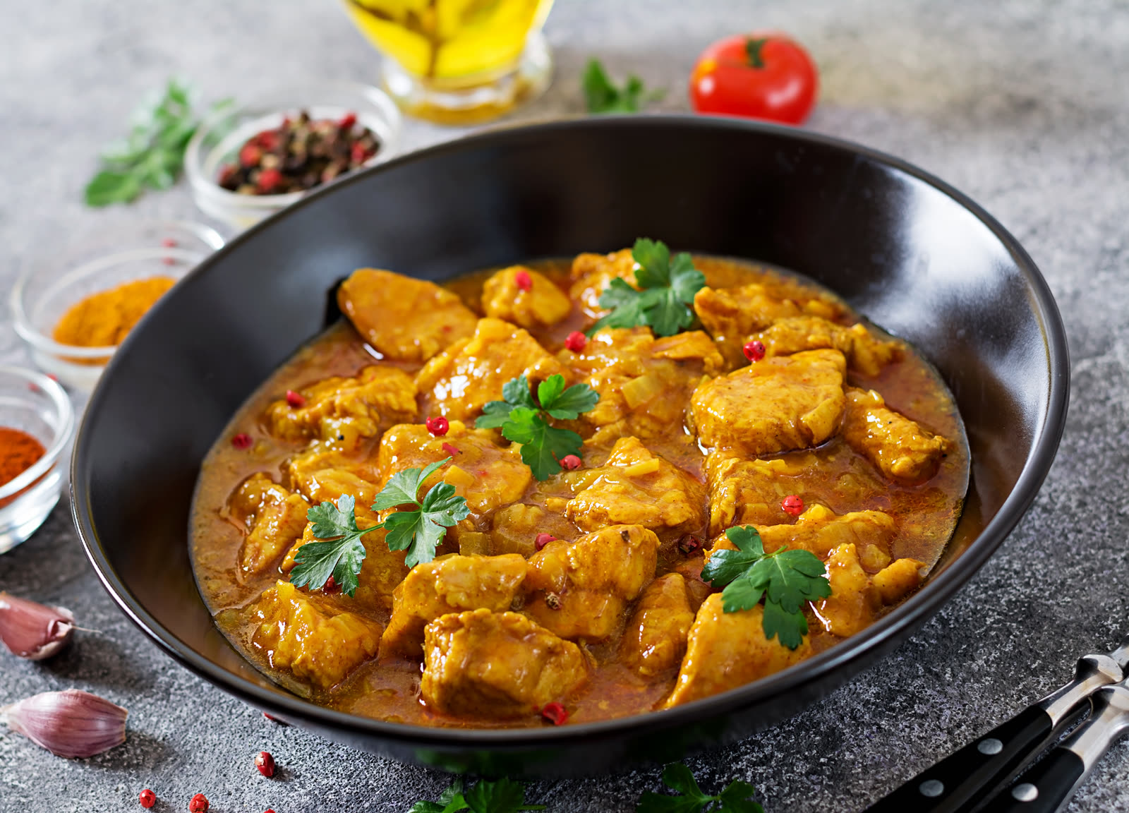 Curry with chicken and onions. Indian food