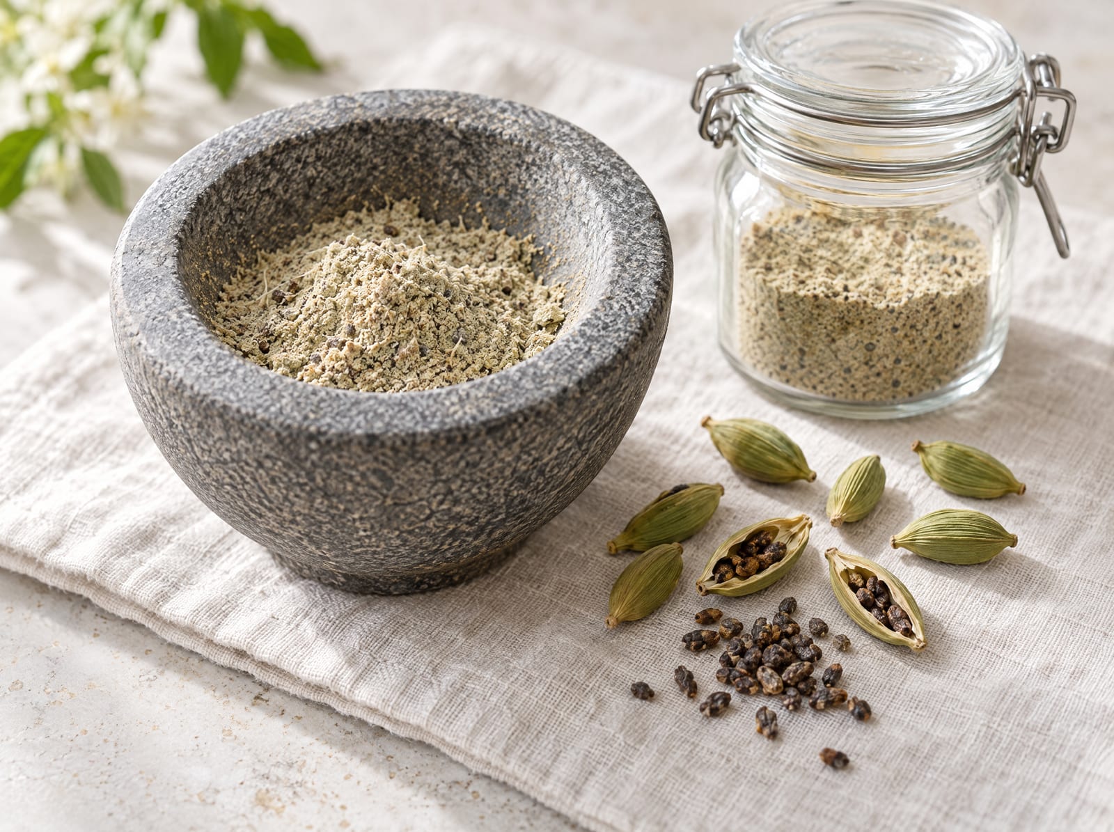 Freshly ground pale khaki cardamom powder in a stone mortar with split pods and seeds