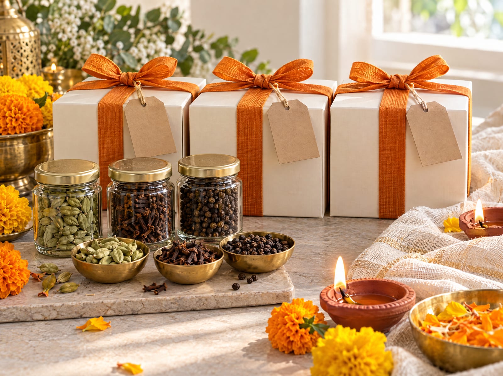 Ivory Diwali gift boxes tied with marigold ribbon beside whole cardamom, cloves and black pepper