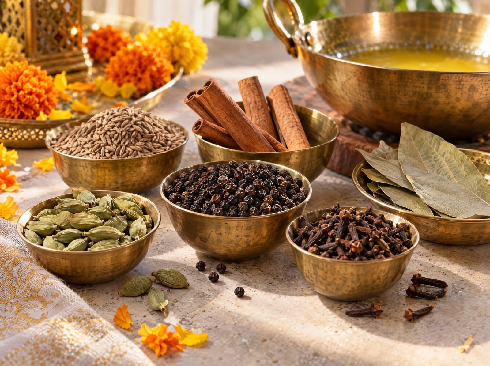 Brass bowls of cardamom, black pepper, cloves, cinnamon, bay leaf and cumin for a festive pulao