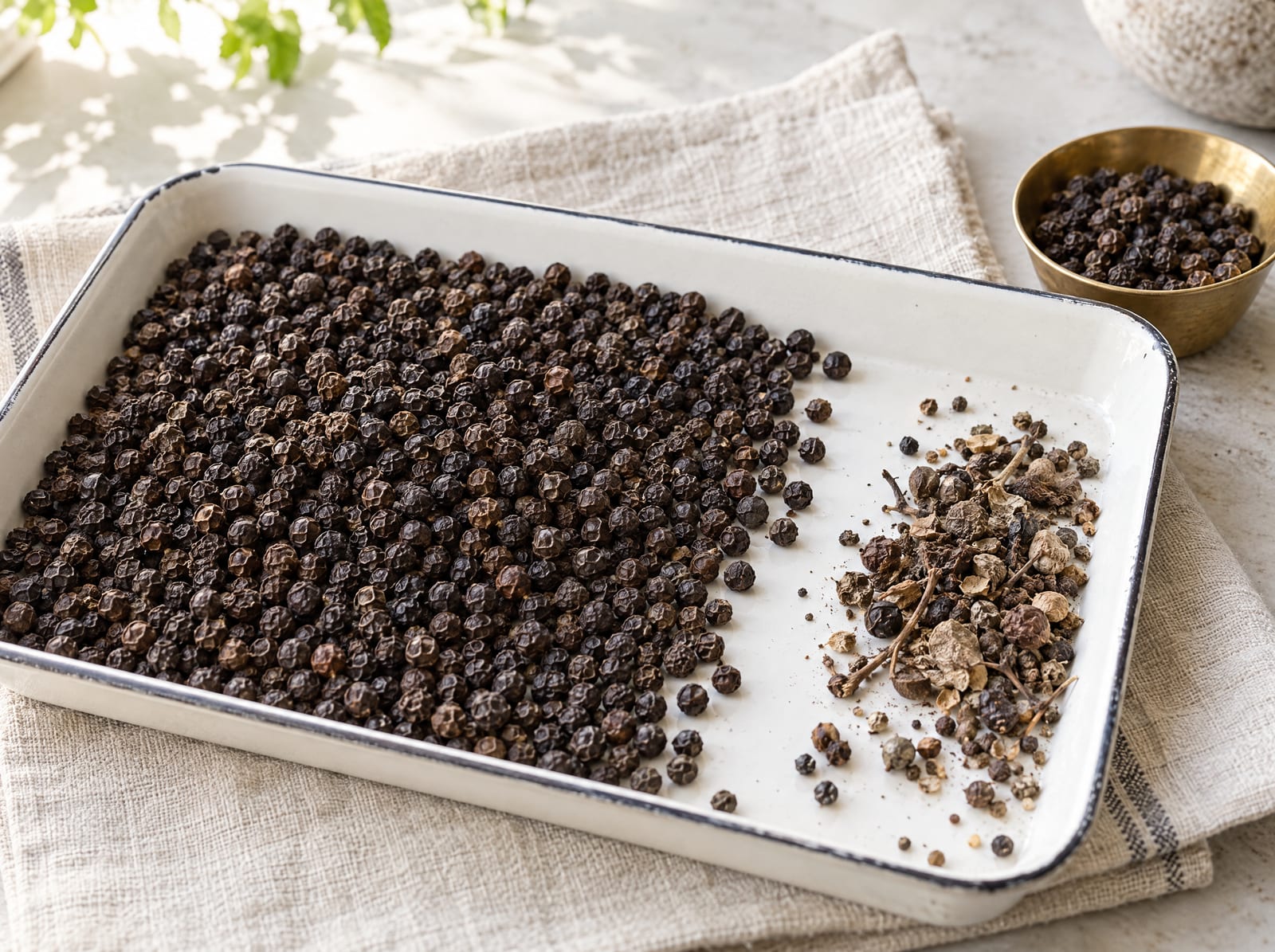 Whole black peppercorns being sorted on a white tray, with shrivelled and broken pieces set aside