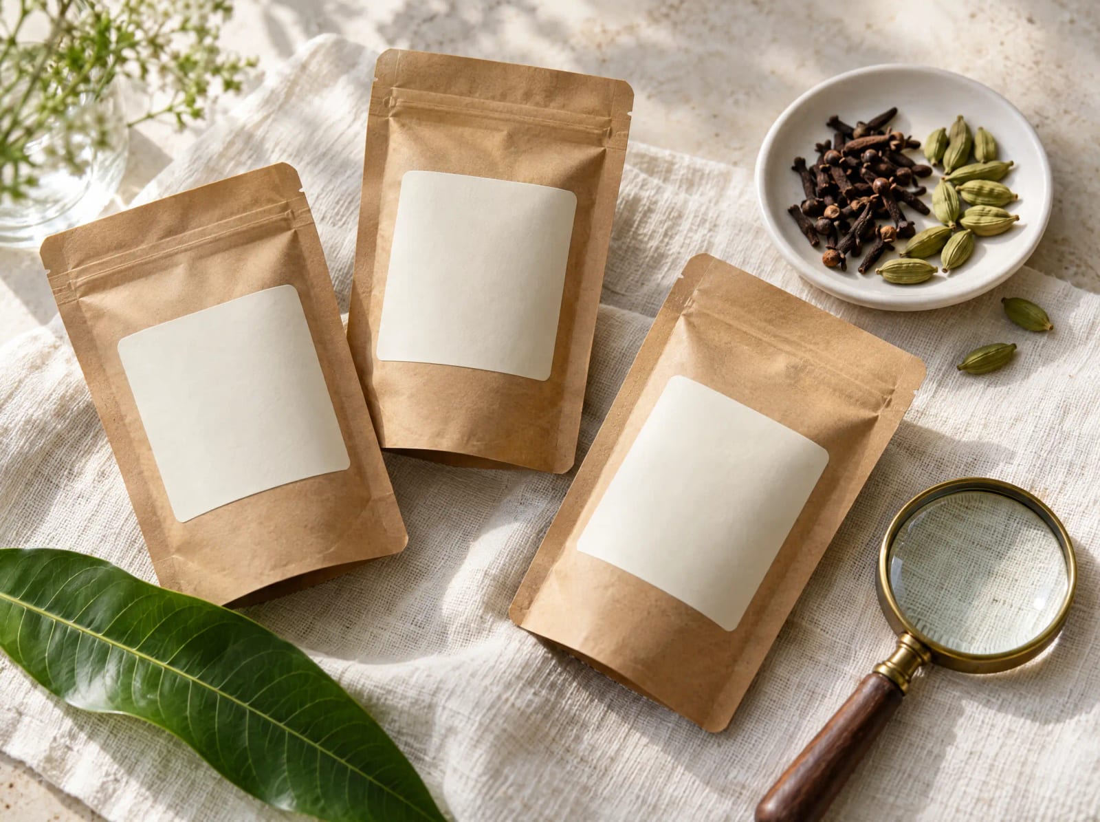 Plain kraft spice pouches with blank labels next to a magnifying glass, cloves and green cardamom