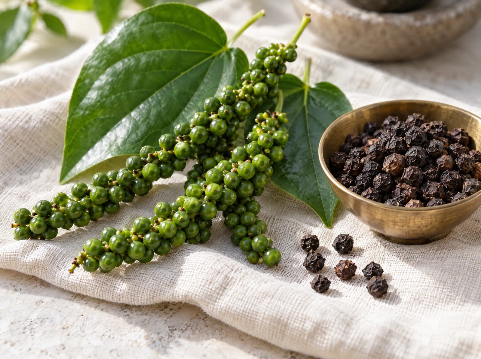 Fresh green pepper spikes and leaves beside a brass bowl of dried black peppercorns