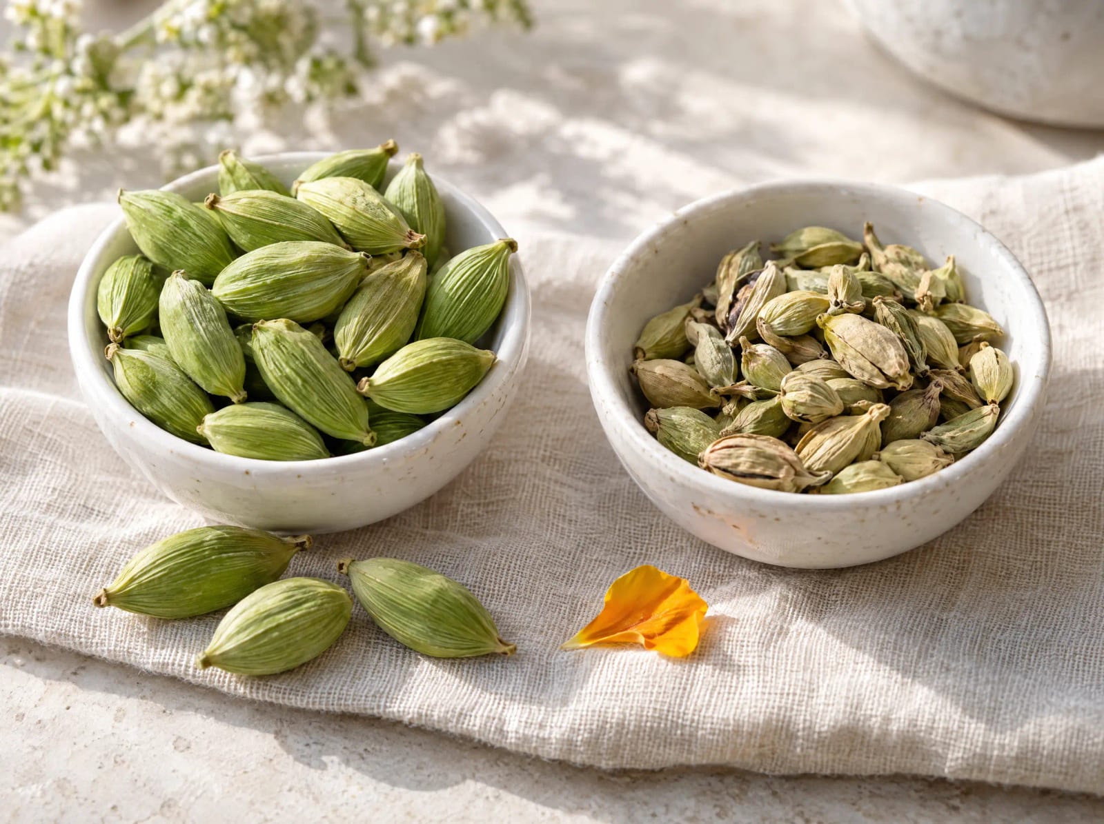 Two bowls of green cardamom compared: large even green pods beside smaller, paler, uneven pods