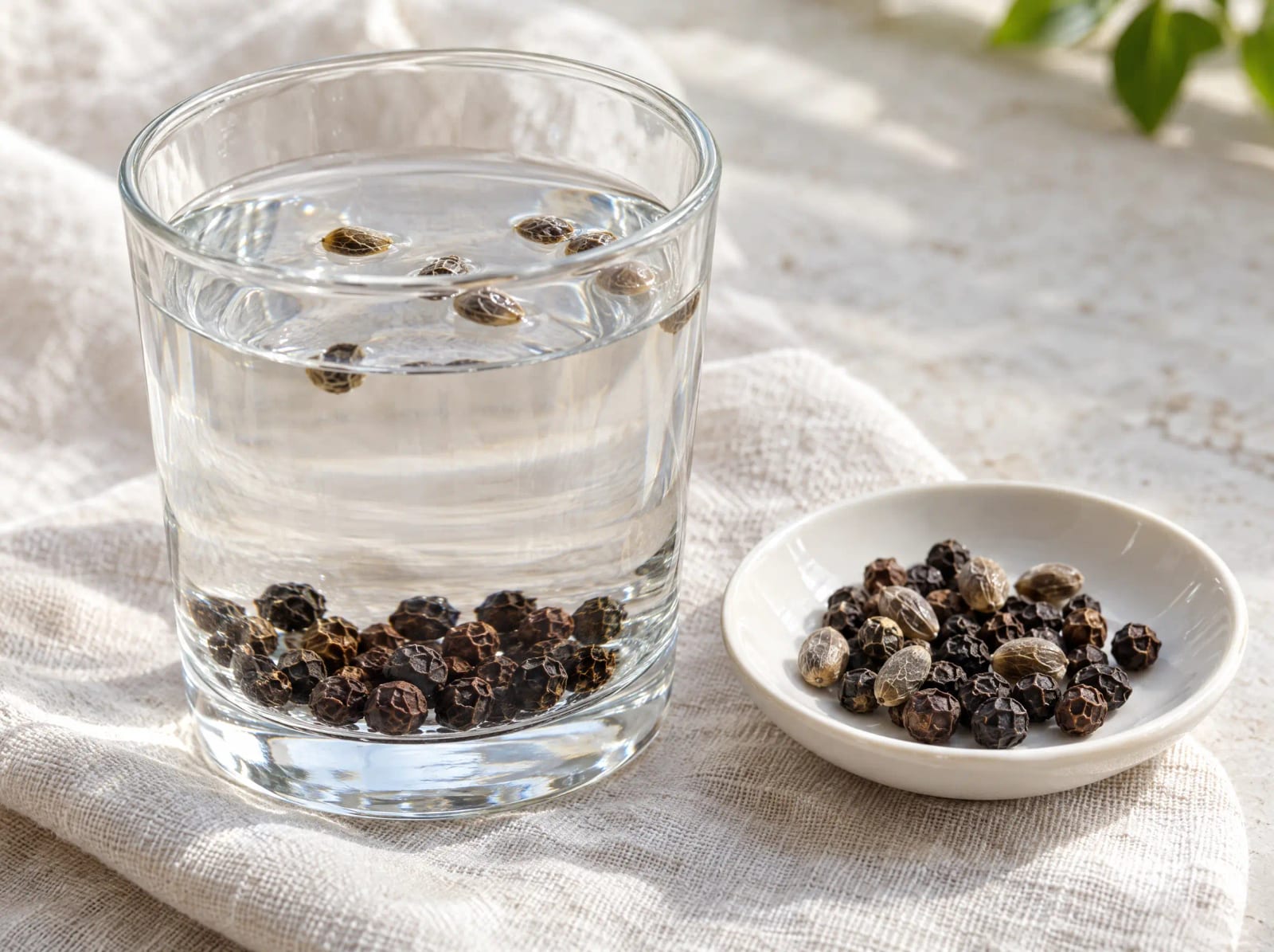 Glass of water with black peppercorns sunk to the bottom and lighter papaya seeds floating on top