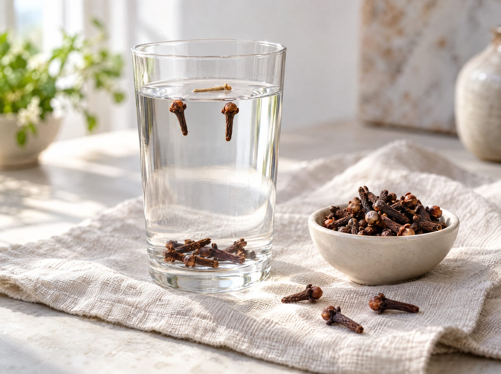 Clove float test: cloves resting at the bottom of a glass of water and standing upright near the surface