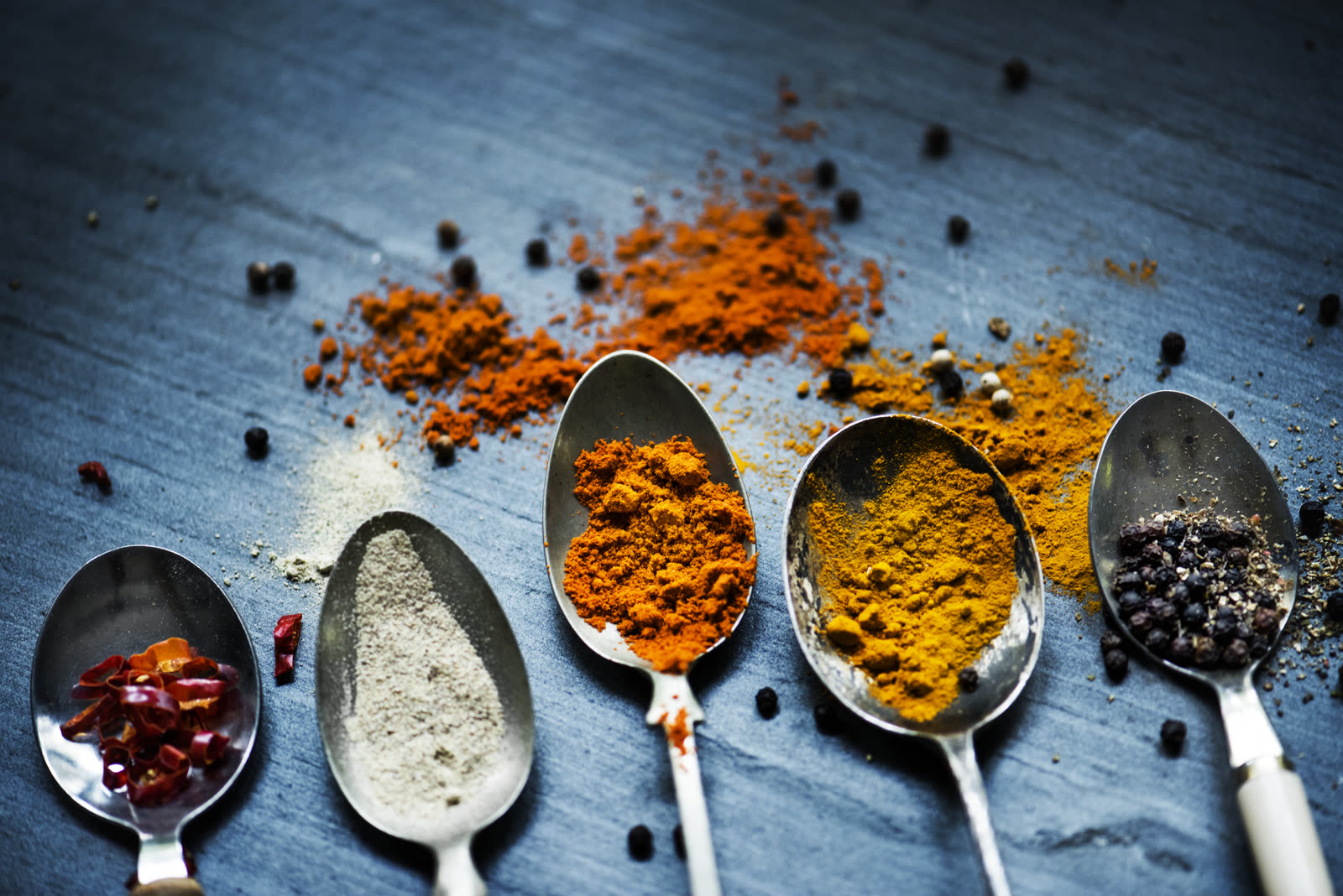 Teaspoons of herbs and turmeric powder