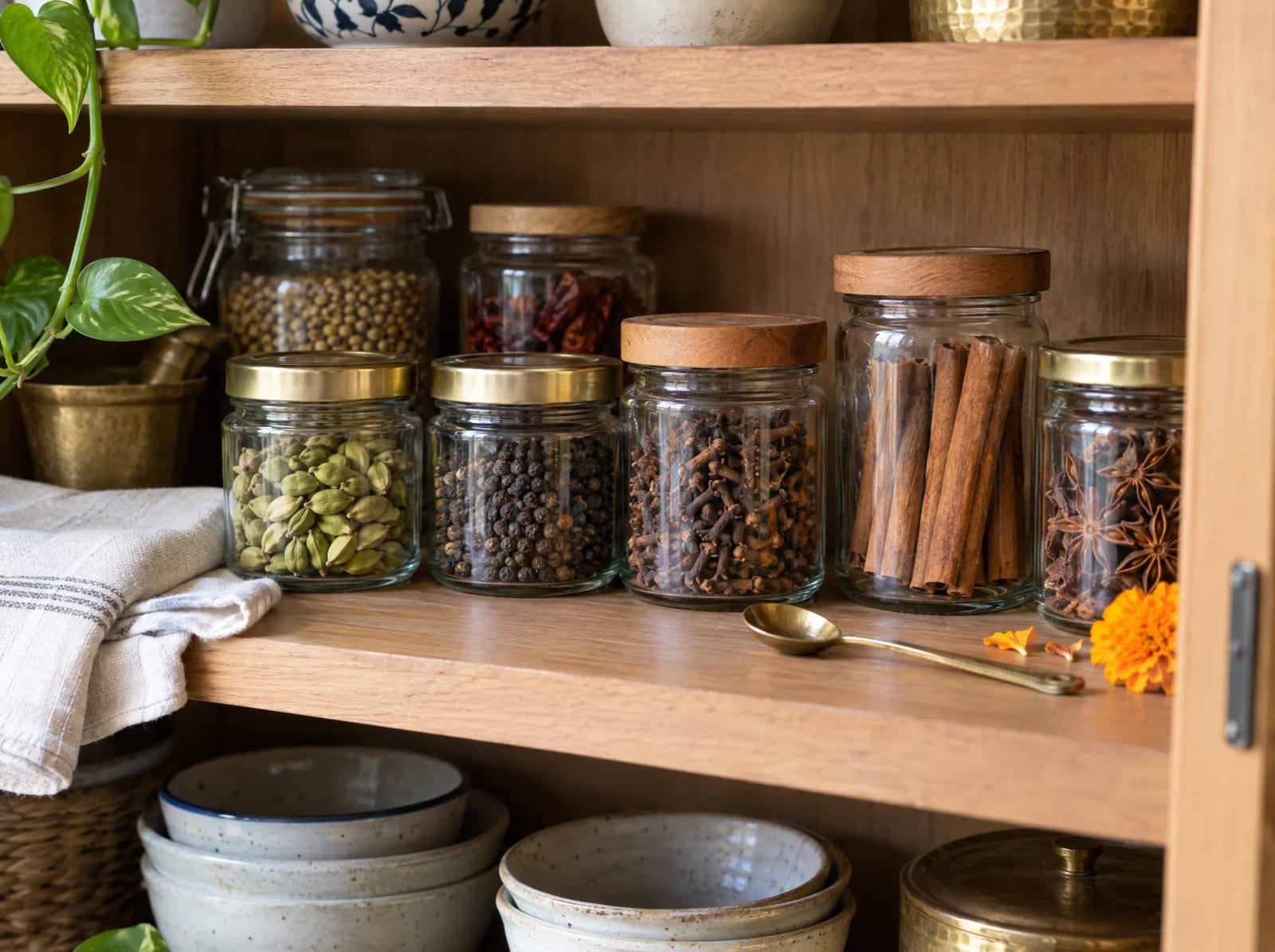 Whole spices in airtight glass jars on a shaded cupboard shelf away from the stove