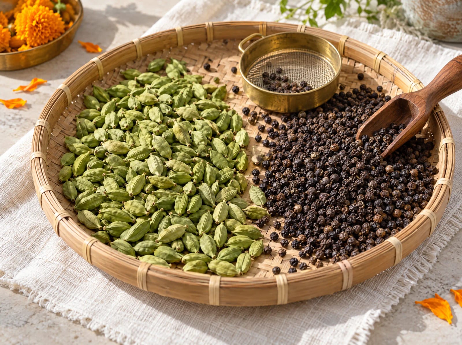 Bamboo winnowing tray with sorted green cardamom pods and black peppercorns, a brass sieve and a wooden scoop