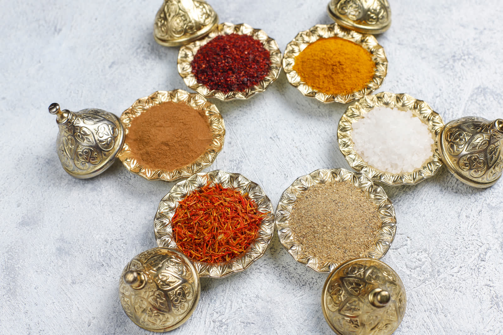 Assorted spices on kitchen table