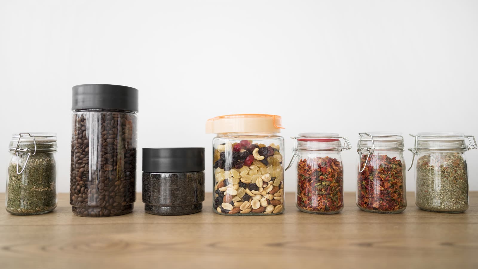 Arrangement of jars with different ingredients