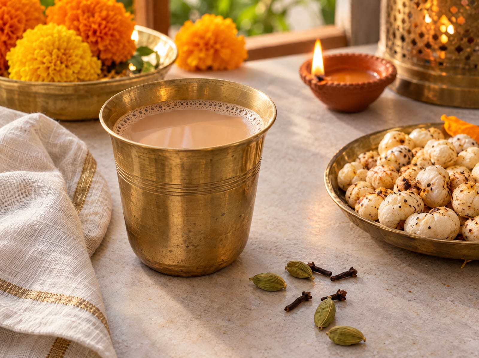 Brass cup of vrat chai with green cardamom, cloves, roasted makhana and a lit diya