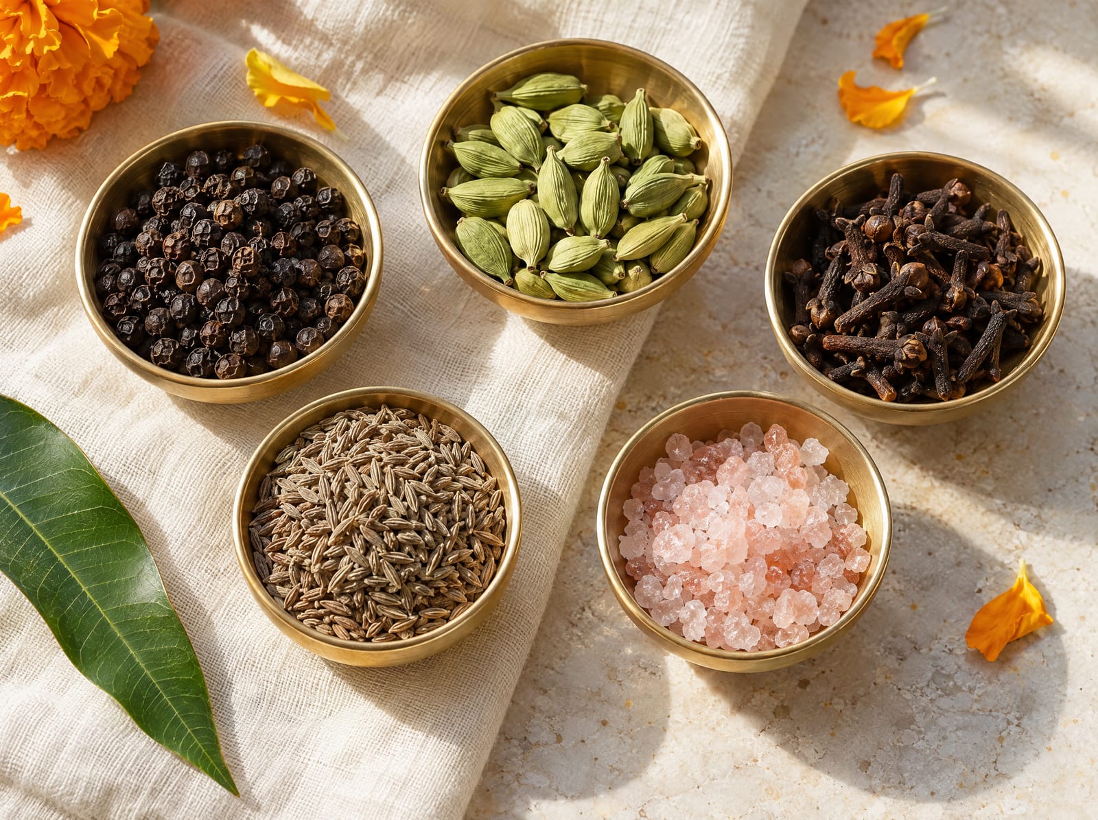 Brass bowls of black pepper, green cardamom, cloves, cumin and sendha namak for Navratri vrat cooking