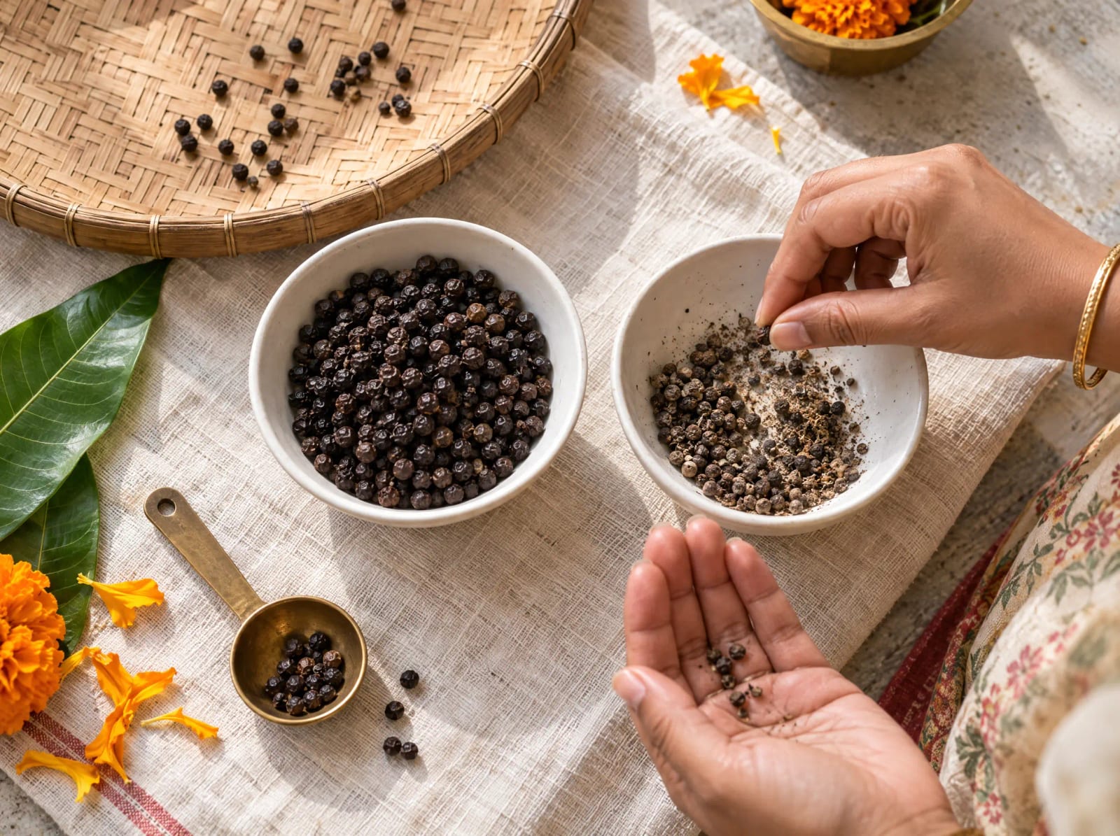 Hands sorting bold black peppercorns from light berries and dust