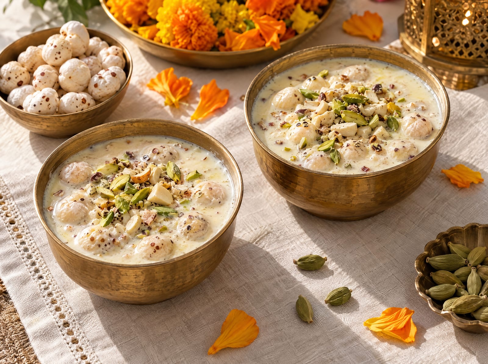 Two brass bowls of makhana kheer with pistachios and green cardamom pods