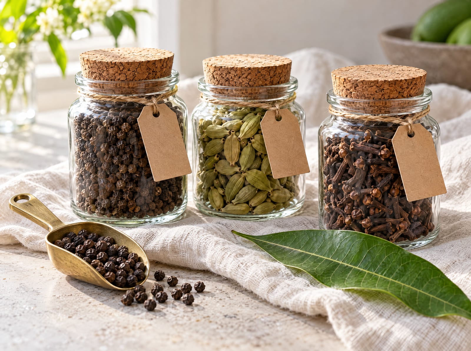Glass jars of black peppercorns, green cardamom and whole cloves with blank kraft tags