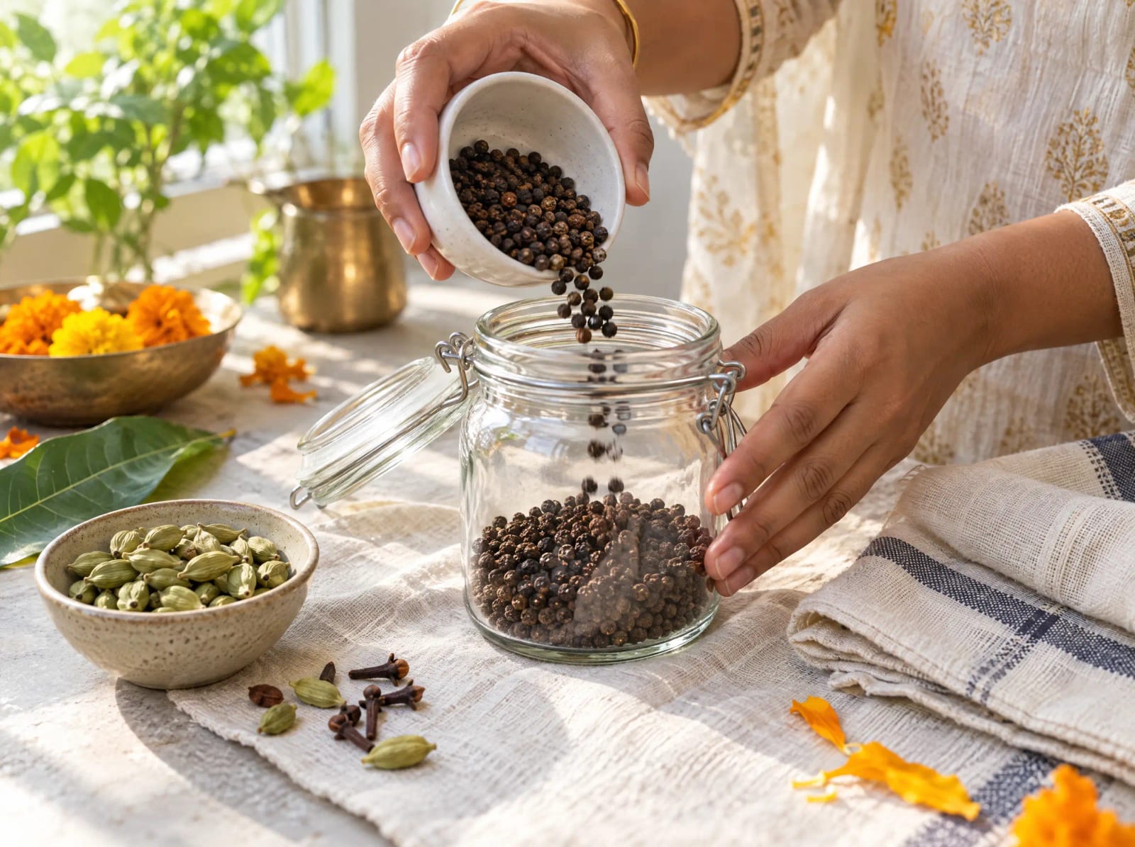 Pouring whole black peppercorns into an airtight glass jar after delivery