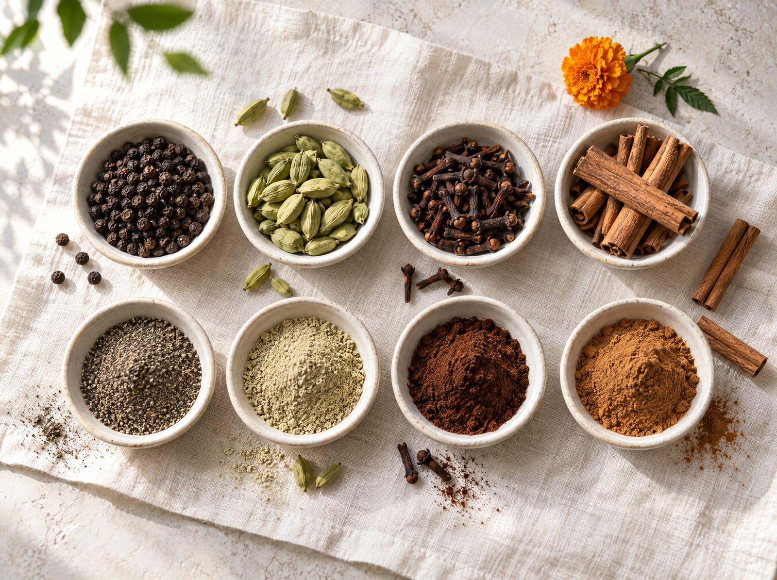 Whole spices in a row of bowls above their matching ground powders
