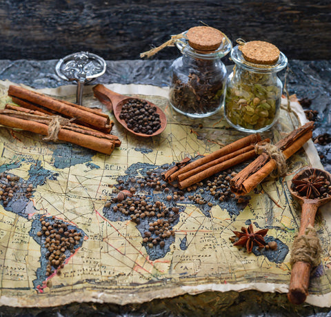 An ancient map or trading route highlighting the spice trade.